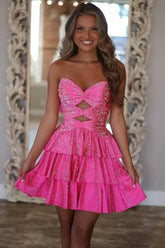 Glitter A-Line Homecoming Dress with Beaded Cutout Bodice and Tiered Skirt