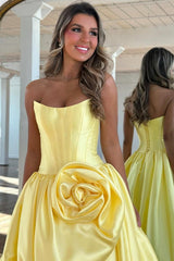Strapless Corset Prom Dress with Rosette Accent and Side High Slit