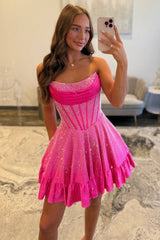 Chic Strapless Lace Up Homecoming Dress with Sparkly Beading and Tiered Ruffle Skirt