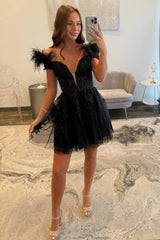 Romantic Black A Line Homecoming Dress with Lace Appliques and Feather Sleeves