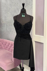 Chic Black Mini Homecoming Dress with Beaded Corset and Side Drape Detail