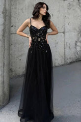 Romantic Black Beaded A-Line Prom Dress with Spaghetti Straps and Sheer Top