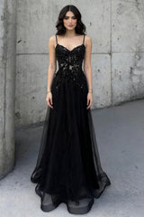 Romantic Black Beaded A-Line Prom Dress with Spaghetti Straps and Sheer Top