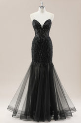 Black Beaded Strapless Mermaid Lace Up Prom Dress for Formal Evening