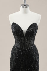 Black Beaded Strapless Mermaid Lace Up Prom Dress for Formal Evening