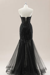 Black Beaded Strapless Mermaid Lace Up Prom Dress for Formal Evening