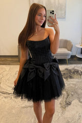 Glamorous Black Strapless Corset Dress with Layered Tulle Skirt and Large Bows