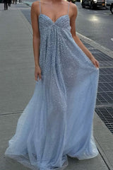 Grey Blue A-Line Spaghetti Strap Long Party Dress with Beaded Detail