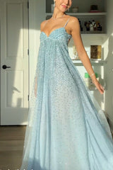 Grey Blue A-Line Spaghetti Strap Long Party Dress with Beaded Detail