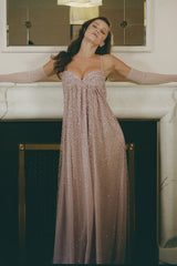 Grey Blue A-Line Spaghetti Strap Long Party Dress with Beaded Detail