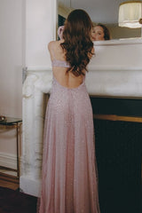 Grey Blue A-Line Spaghetti Strap Long Party Dress with Beaded Detail