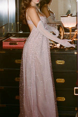 Grey Blue A-Line Spaghetti Strap Long Party Dress with Beaded Detail