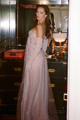 Grey Blue A-Line Spaghetti Strap Long Party Dress with Beaded Detail