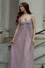 Grey Blue A-Line Spaghetti Strap Long Party Dress with Beaded Detail