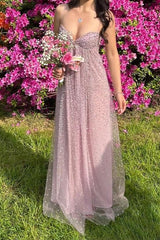 Grey Blue A-Line Spaghetti Strap Long Party Dress with Beaded Detail