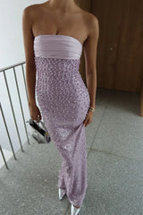 Elegant Lilac Strapless Sheath Prom Dress with Pearl Beading and Side Slit