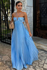 Blue Prom Dress with Spaghetti Straps, A-Line Pleated Skirt and Cutout