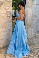 Blue Prom Dress with Spaghetti Straps, A-Line Pleated Skirt and Cutout