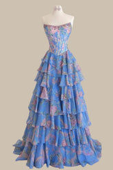 Blue Floral A-Line Strapless Corset Prom Dress with Tiered Ruffle Skirt
