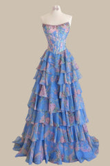 Blue Floral A-Line Strapless Corset Prom Dress with Tiered Ruffle Skirt