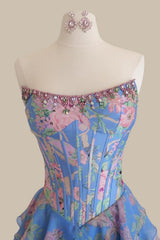 Blue Floral A-Line Strapless Corset Prom Dress with Tiered Ruffle Skirt
