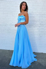 Blue Strapless Corset Prom Dress with Flowing Chiffon Skirt and Bow Bodice