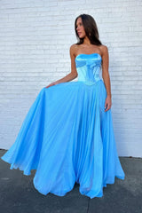 Blue Strapless Corset Prom Dress with Flowing Chiffon Skirt and Bow Bodice
