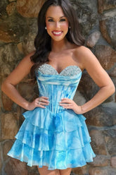 Chic Blue Floral Watercolor Homecoming Dress with Corset Bodice and Tiered Ruffles