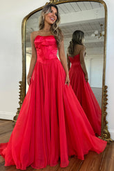 Blue Strapless Corset Prom Dress with Flowing Chiffon Skirt and Bow Bodice