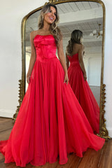 Blue Strapless Corset Prom Dress with Flowing Chiffon Skirt and Bow Bodice