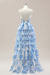Blue Spaghetti Straps Lace Up Floral Tiered Tulle Ball Gown Prom Dress
