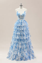Blue Spaghetti Straps Lace Up Floral Tiered Tulle Ball Gown Prom Dress