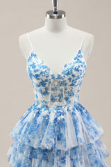Blue Spaghetti Straps Lace Up Floral Tiered Tulle Ball Gown Prom Dress