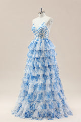 Blue Spaghetti Straps Lace Up Floral Tiered Tulle Ball Gown Prom Dress