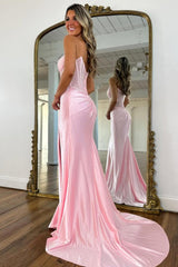 Romantic Blush Pink Crystal Beaded Prom Dress with Strapless Corset and Slit