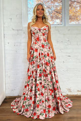 Blush Pink Strapless Corset A-Line Prom Dress with Floral Design and Lace-Up Back