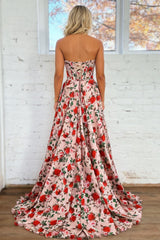 Blush Pink Strapless Corset A-Line Prom Dress with Floral Design and Lace-Up Back