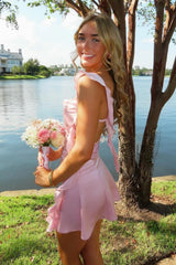 Trendy Blush Pink Dress with Side Cutouts and Statement Ruffle Straps