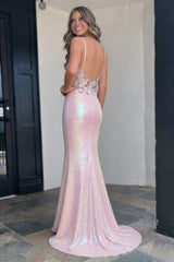 Romantic Blush Pink Sequin Floral Mermaid Prom Dress with Corset Bodice and High Slit
