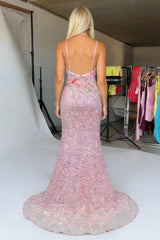 Stunning Blush Pink Spaghetti Strap Prom Gown with Floral Sequins and Slit