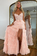 Romantic Blush Pink A-Line Prom Gown with Lace Corset, Tiered Ruffles and Slit
