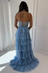 Romantic Blush Pink A-Line Prom Gown with Lace Corset, Tiered Ruffles and Slit