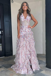 Romantic Blush Pink Halter Neck Prom Gown with Corset Bodice and Ruffle Detail