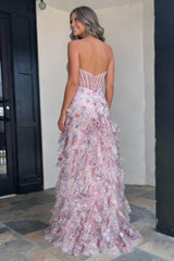 Romantic Blush Pink Halter Neck Prom Gown with Corset Bodice and Ruffle Detail