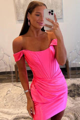 Chic Satin Mini Homecoming Dress with Off Shoulder Design and Ruched Pleated Detail