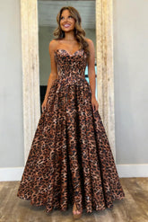 Bold Leopard Print Sweetheart Corset Prom Dress with Flowing A-Line Skirt