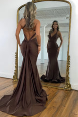 Romantic Brown Mermaid Prom Dress with Deep V-Neck and Cross Back