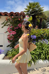 Chic Butter Yellow Ruched Hoco Dress with Deep V-Neck and Spaghetti Straps