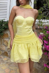 Chic Butter Yellow Strapless Hoco Dress with Organza Fabric and Scarf Accent