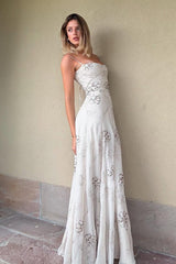 Stunning White A-Line Spaghetti Strap Prom Gown with Beaded Detail